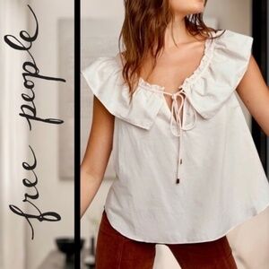 FREE PEOPLE Far Out Ruffled Peasant-Tie Neck Breezy Cotton Poplin Top NWT/Md